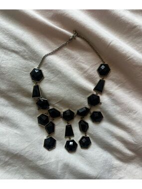 Black Geometric Statement Bib Necklace Silver Tone Faceted Stones